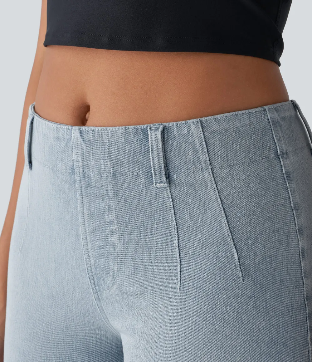 Magic Mid Rise Back Pockets Skinny Cool Touch Washed Stretchy Knit Denim Casual Shorts