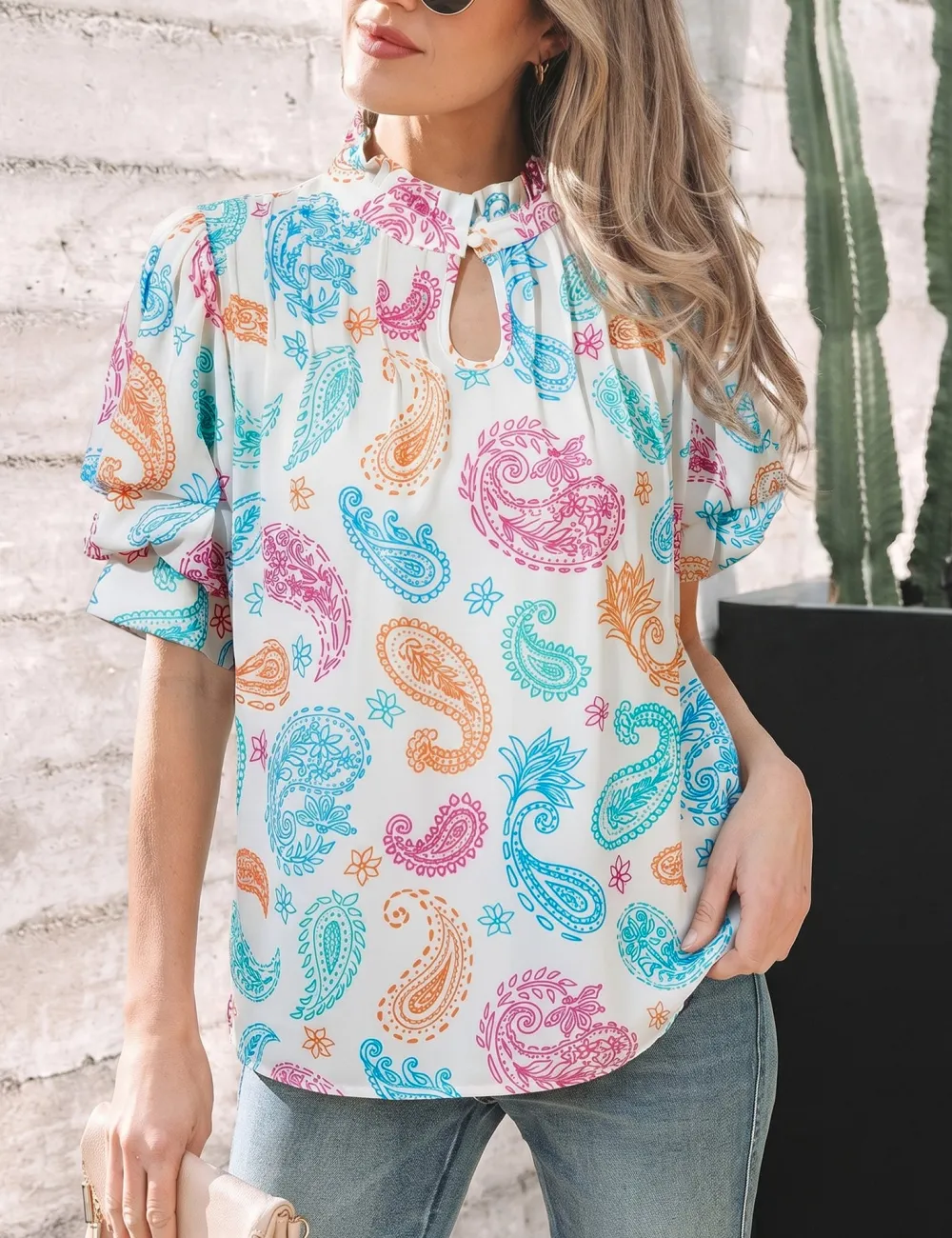 Women's Paisley Print Keyhole Puff Sleeve Top
