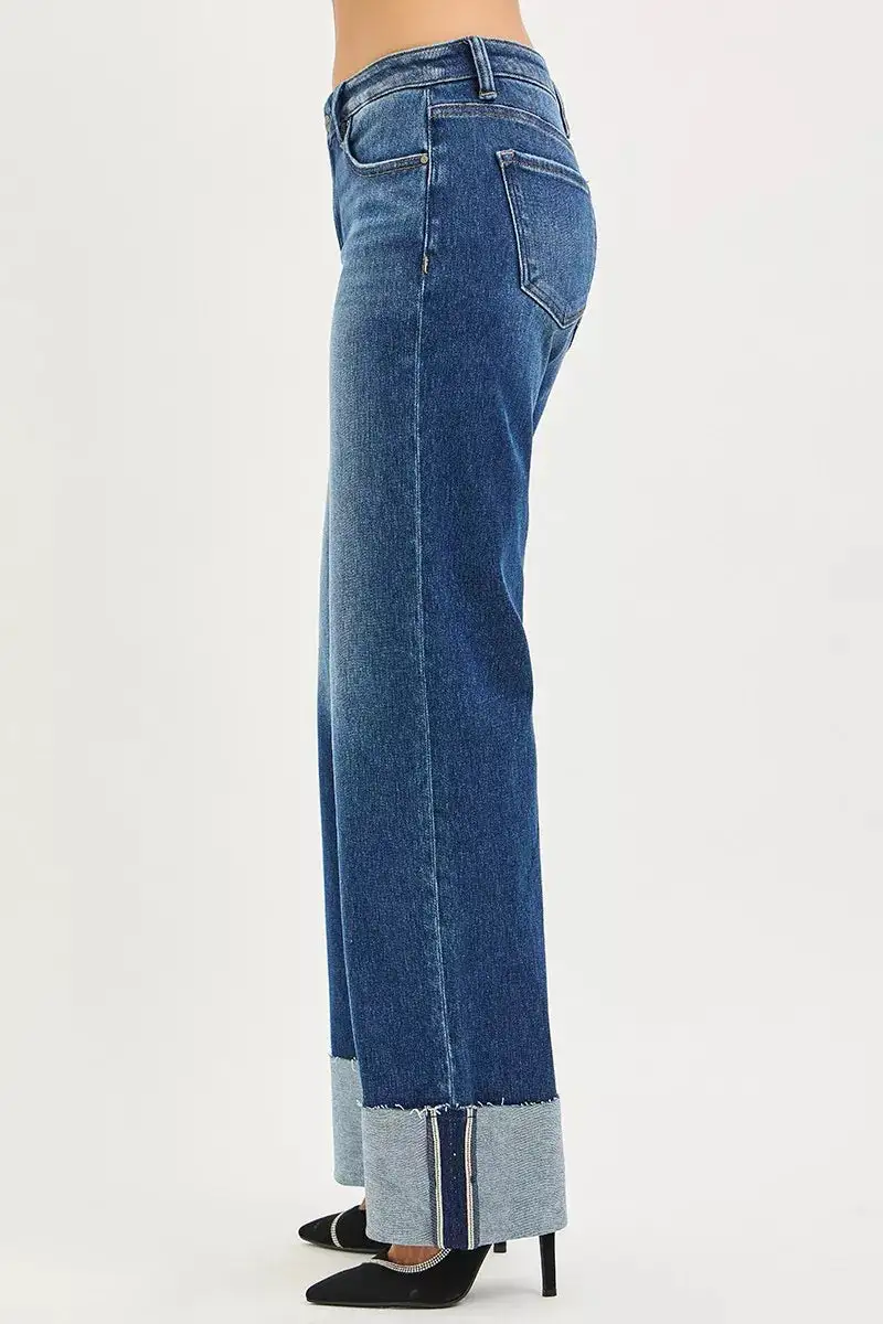 Mid Rise Cuffed Hem Wide Straight Jeans