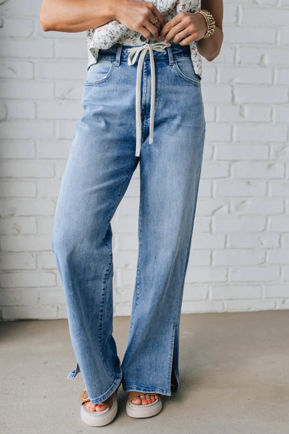 High Waist Drawstring Side Slit Casual Jeans
