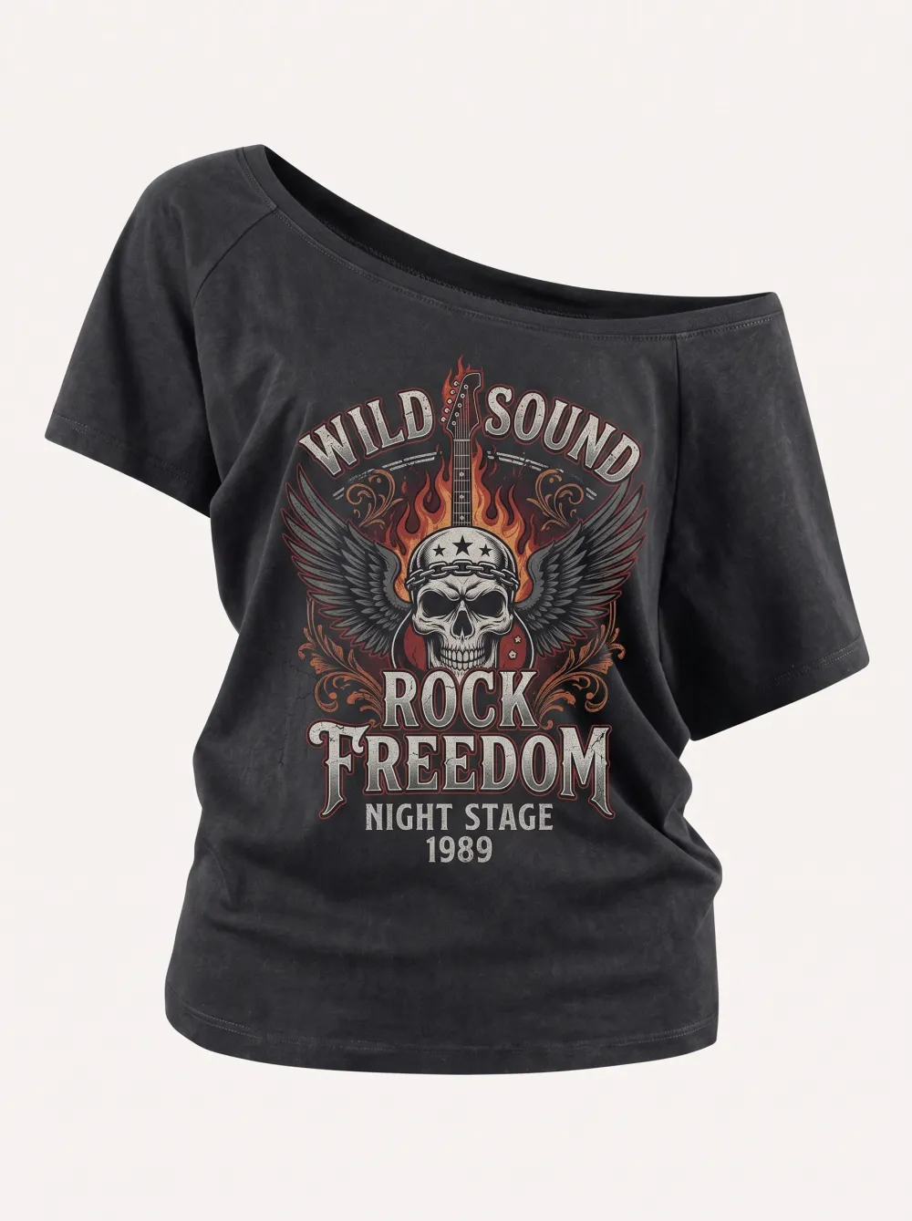 Women's Rock Music Lover Winged Skull Guitar Printed Off-Shoulder Top