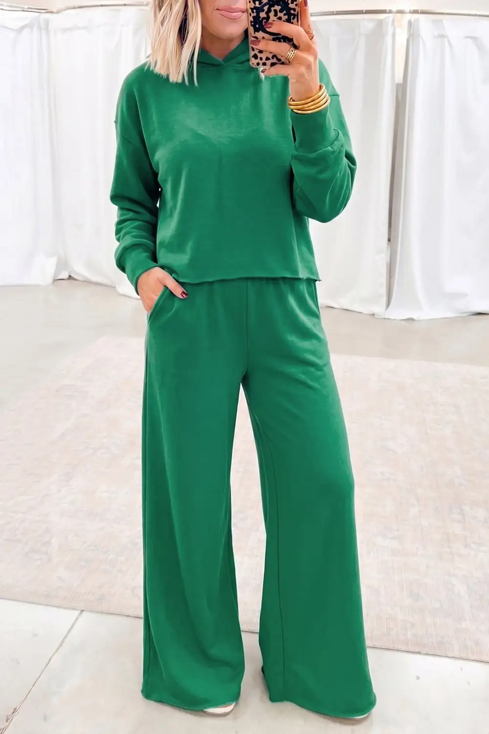 Women's Solid Color Hooded Long Sleeve Elastic Waist Pocket Pant Set