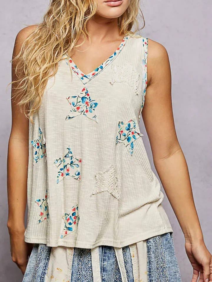 Floral Print Star Patch V-Neck Ribbed Tank