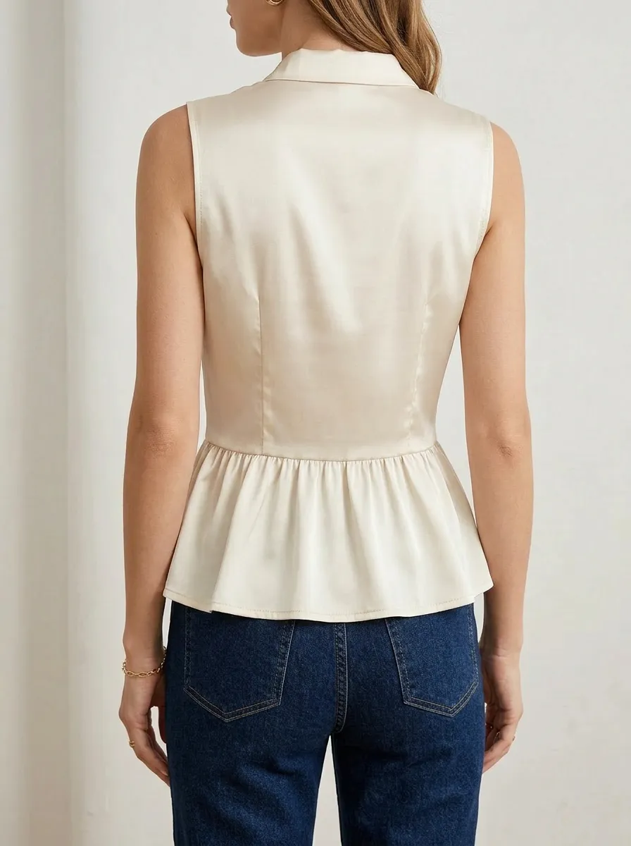 V-Neck Button Down Peplum Sleeveless Top