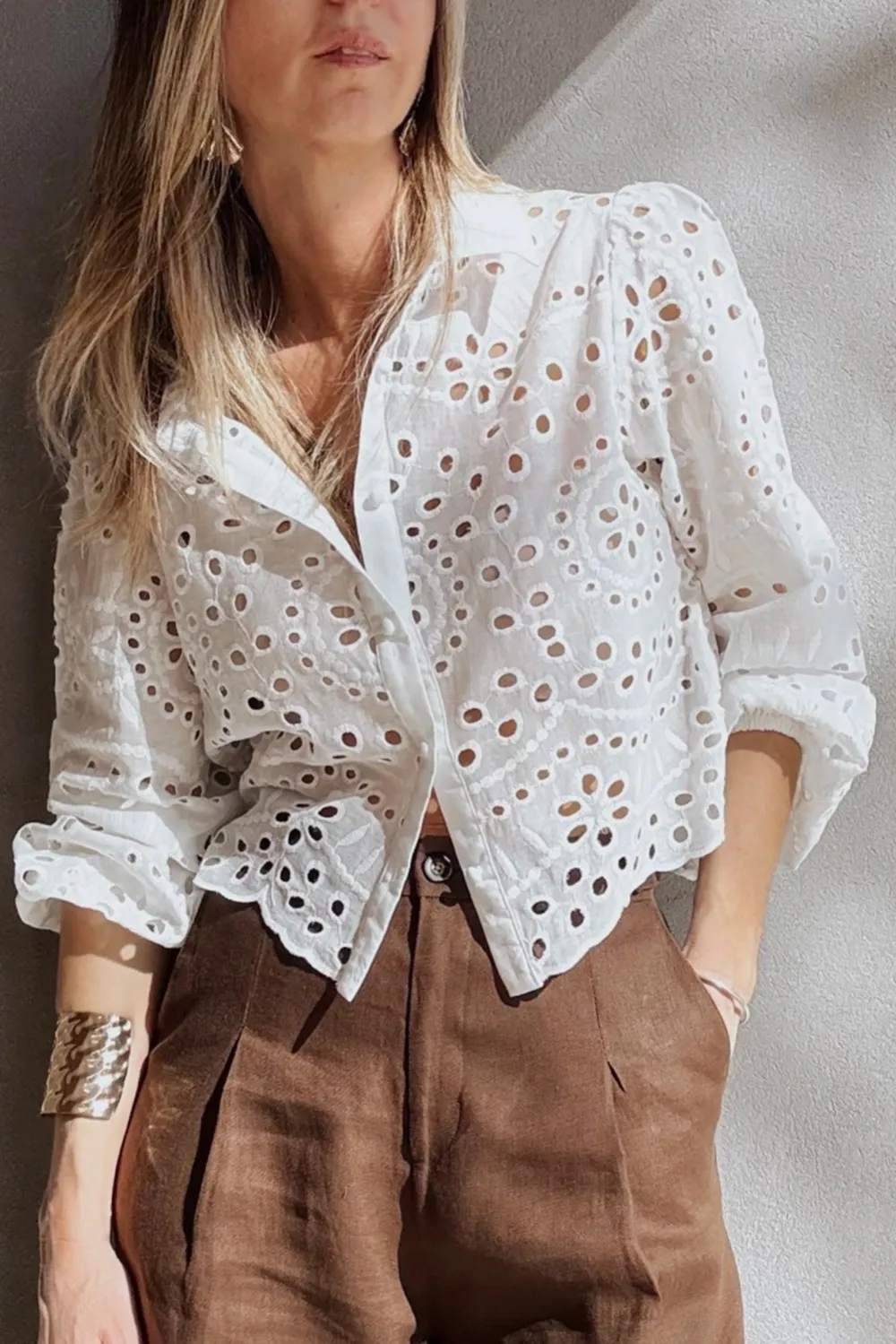 White Eyelet Embroidered Puff Sleeve Shirt