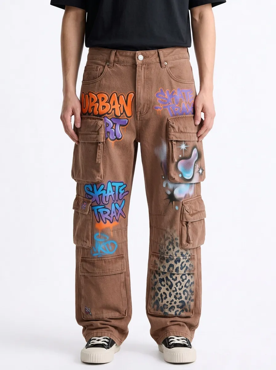 Men's Streetwear Graffiti Skate Trax Leopard Graphic Cargo Jeans