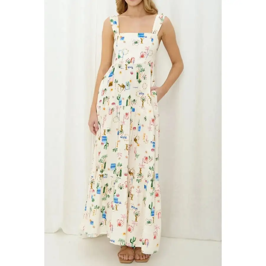 Classic Printed Square Neck Wide Strap Maxi Dress