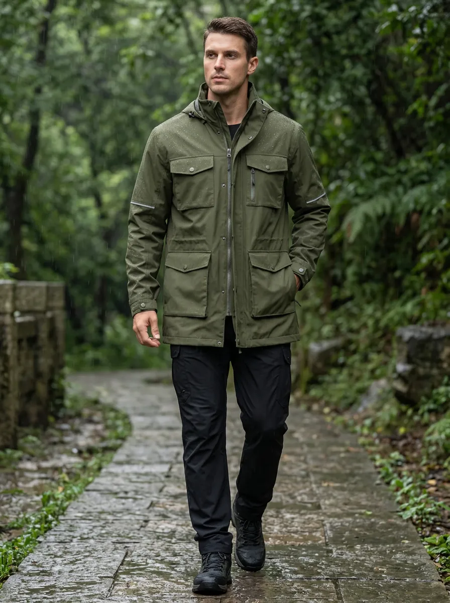 Men's Olive Green Waterproof Hooded Jacket with Zip Pockets