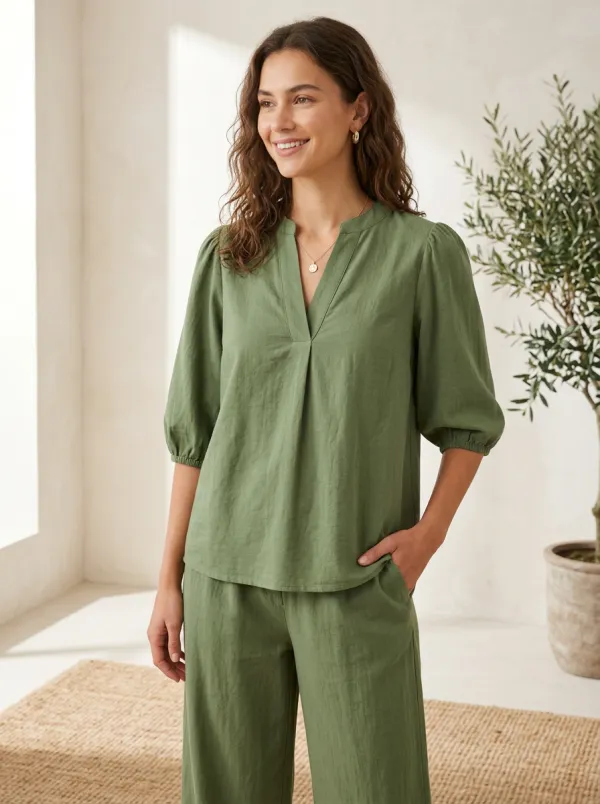 Puff-Sleeve Short-Sleeve Women's V-Neck Blouse