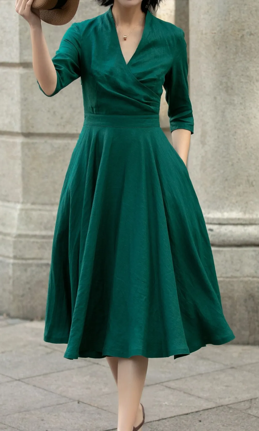Linen A Line V Neck Three Quarter Sleeve Midi Dress