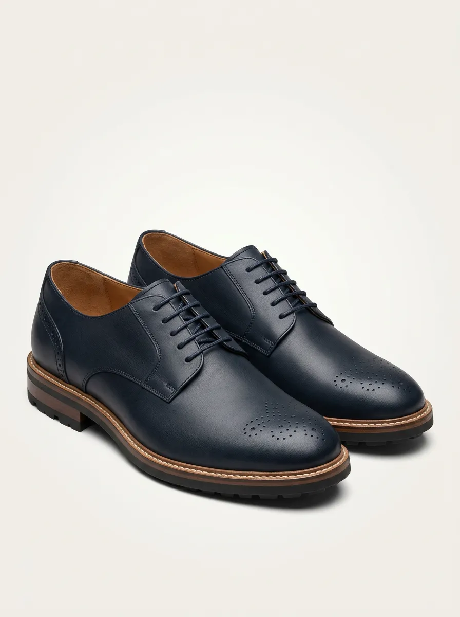 Men's Business Casual Navy Blue Brogue Printed Leather Oxford Shoes