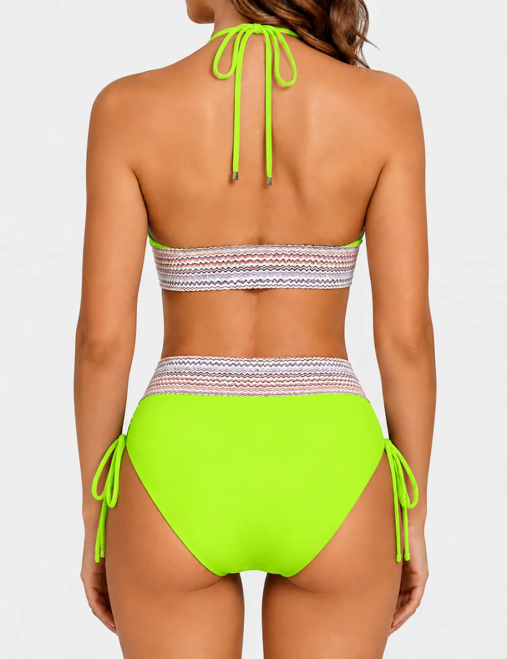 Deep V Neck Colorful Zigzag Smocked Trim Bikini Set