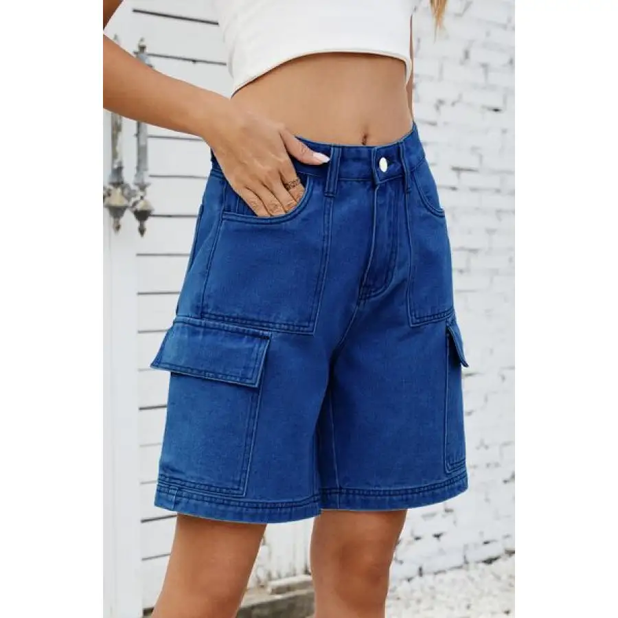 High Rise Pocketed Cargo Denim Shorts
