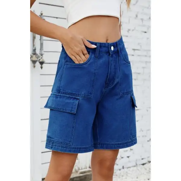 High Rise Pocketed Cargo Denim Shorts