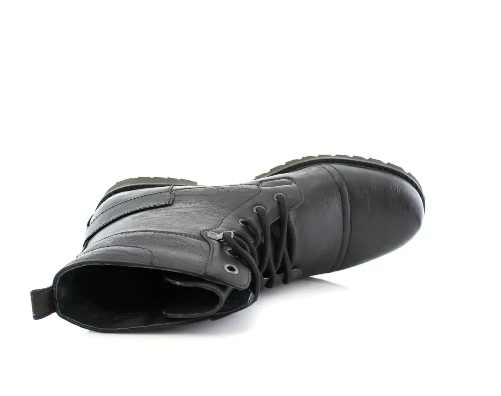 Faux-Leather Lace-Up Buckle-Detail Combat Boots
