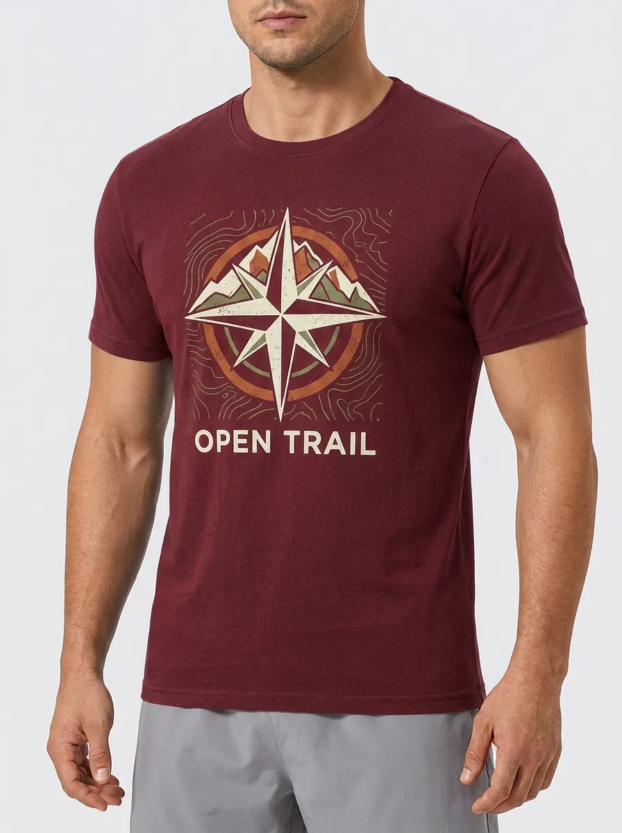 Men's Hiking Adventure Compass Mountain Open Trail Printed T-shirt