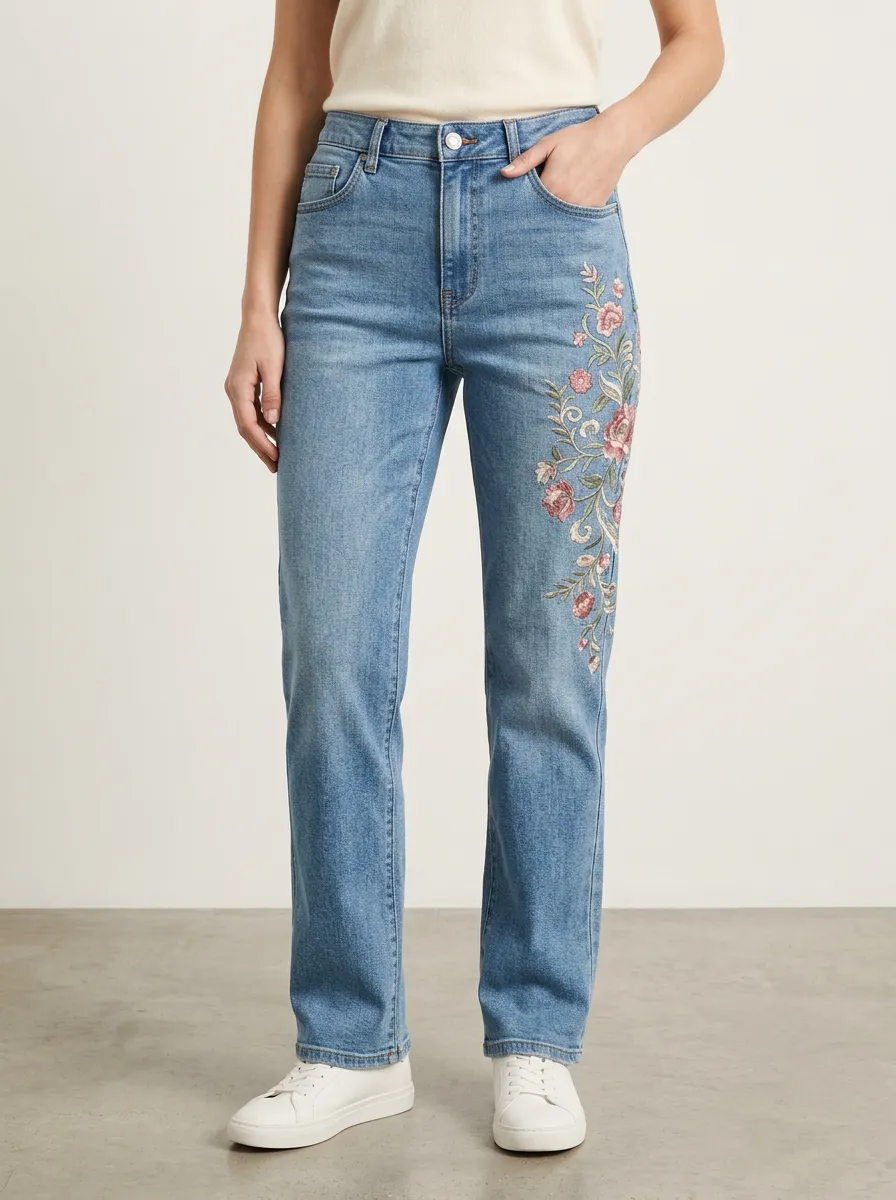 Women's Light Wash Floral Rose Embroidered High-Rise Straight Leg Jeans