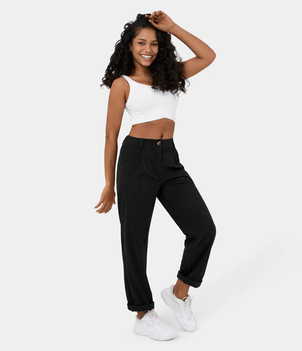 Mid Rise Button Zipper Side Pocket Corduroy Casual Pants