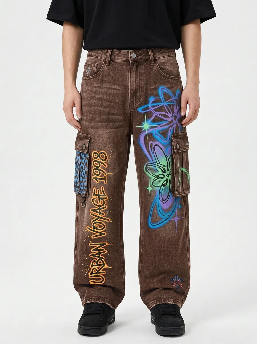 Men's Streetwear Urban Voyage Graffiti Flower Graphic Cargo Jeans