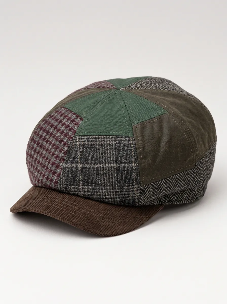 Tweed Patchwork Newsboy Cap with Contrast Detail