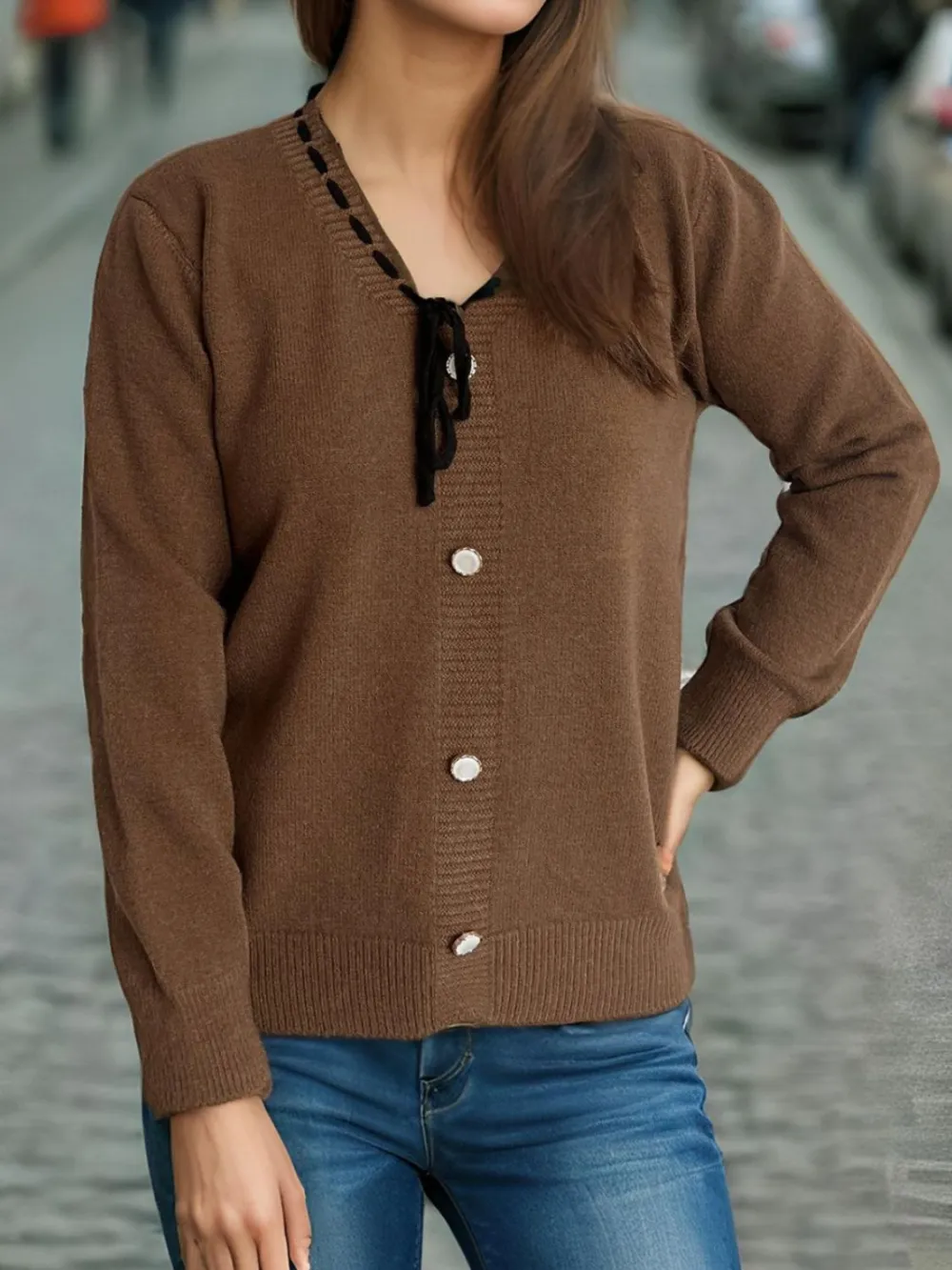 Tied V-Neck Long-Sleeve Sweater