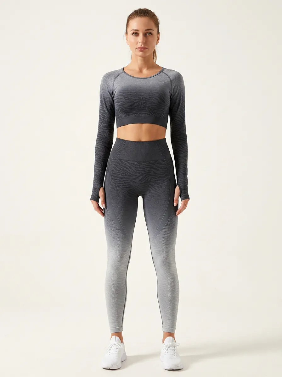 Women's Fitness Gym Wear Grey Ombre Tiger Striped Printed Yoga Set