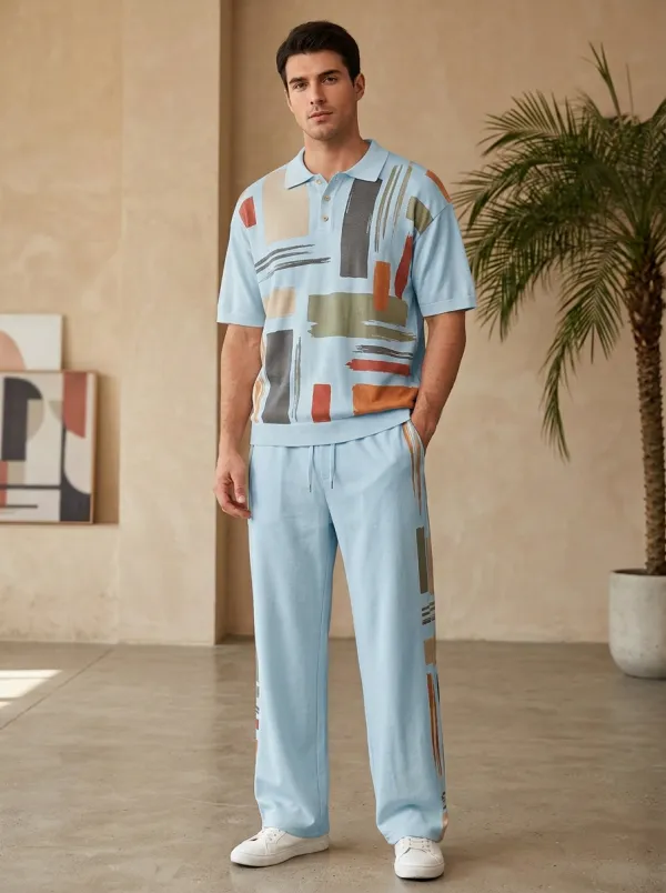 Men's Abstract Art Pattern Printed Polo Shirt and Pants Casual Set