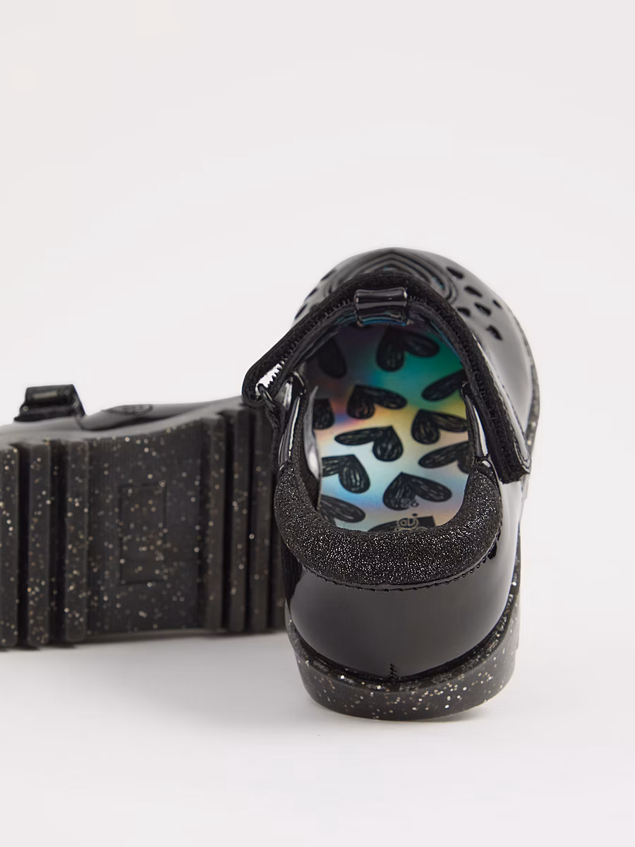Black Patent Light Up Heart T-Bar School Shoes detail 2