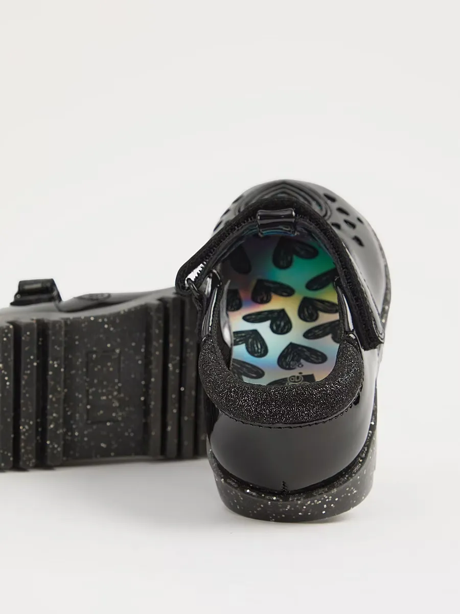 Black Patent Light Up Heart T-Bar School Shoes