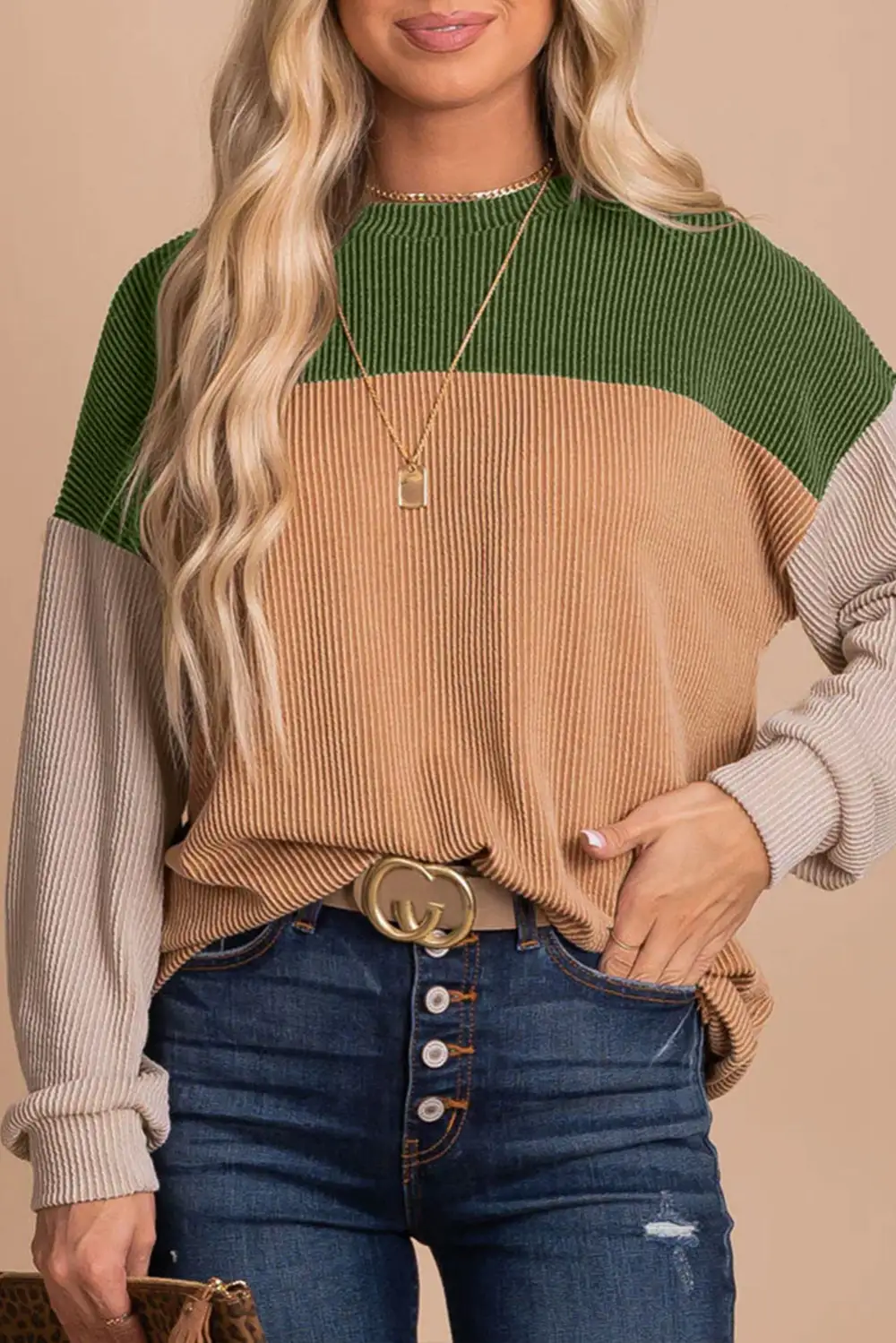Colorblock Ribbed Long Sleeve Women's Top
