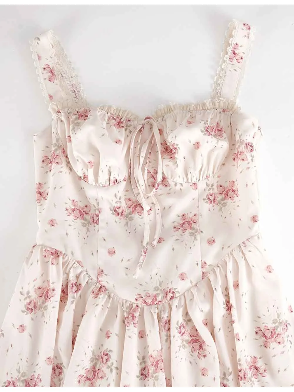 Boho Square Neck Lace Trim Ruched Mini Dress