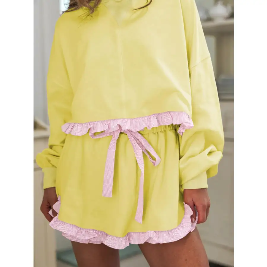 Contrast Frill Hem Round Neck Top and Shorts Set