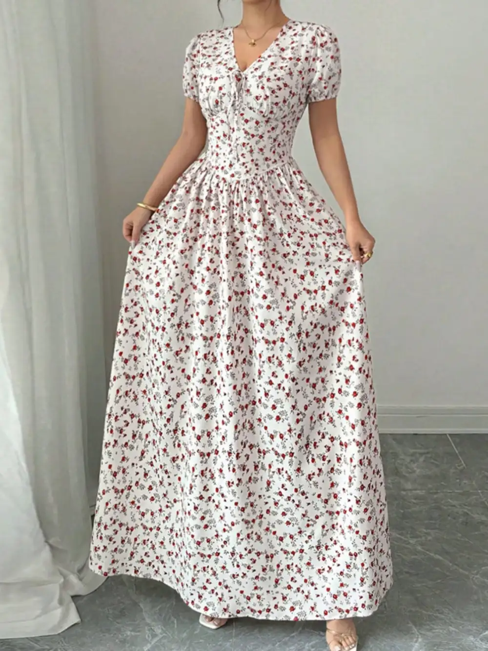 Floral Print V Neck Maxi Dress