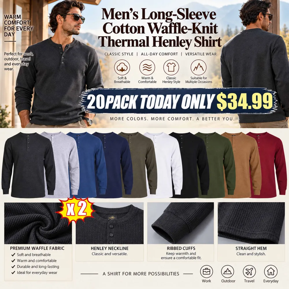 Men's Long-Sleeve Cotton Waffle-Knit Thermal Henley Shirt