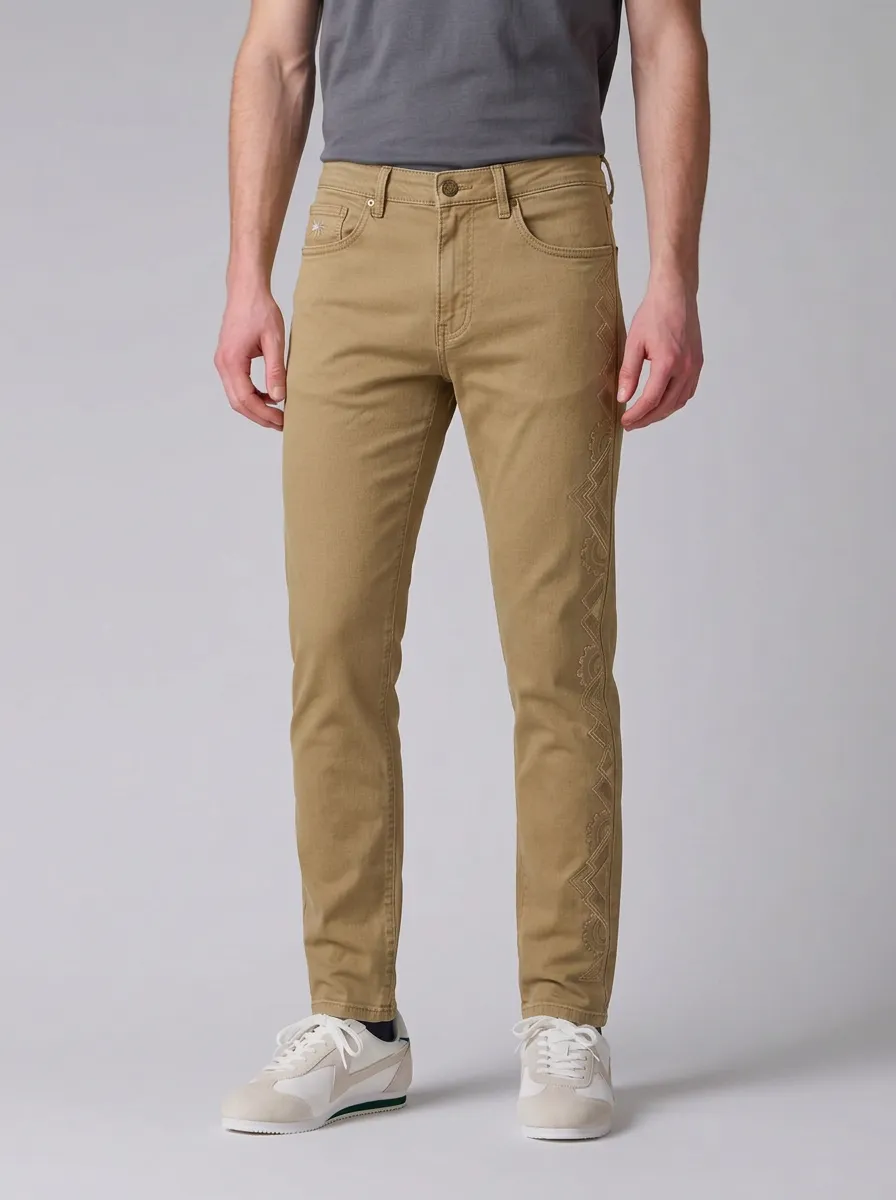 Men's Geometric Pattern Side Embroidered Printed Stretch Jeans