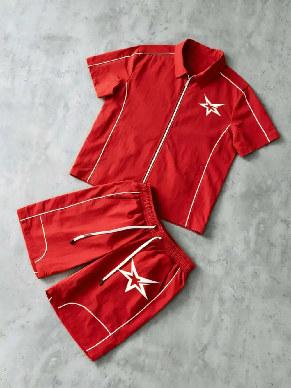 Stars Pattern Casual Set Short Sleeve Zipper Shirt + Gym Shorts Two-Piece Set, Breathable Comfort Spring Summer Daily Wear