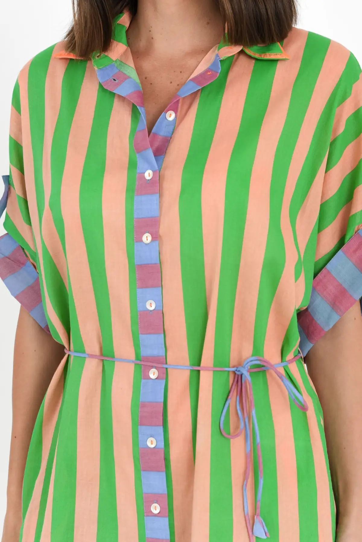Knee-Length Striped Cotton Pocket Collared Half-Sleeve Straight-Cut Shirt Dress