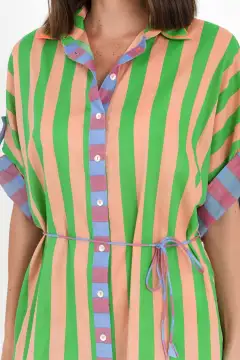 Knee-Length Striped Cotton Pocket Collared Half-Sleeve Straight-Cut Shirt Dress