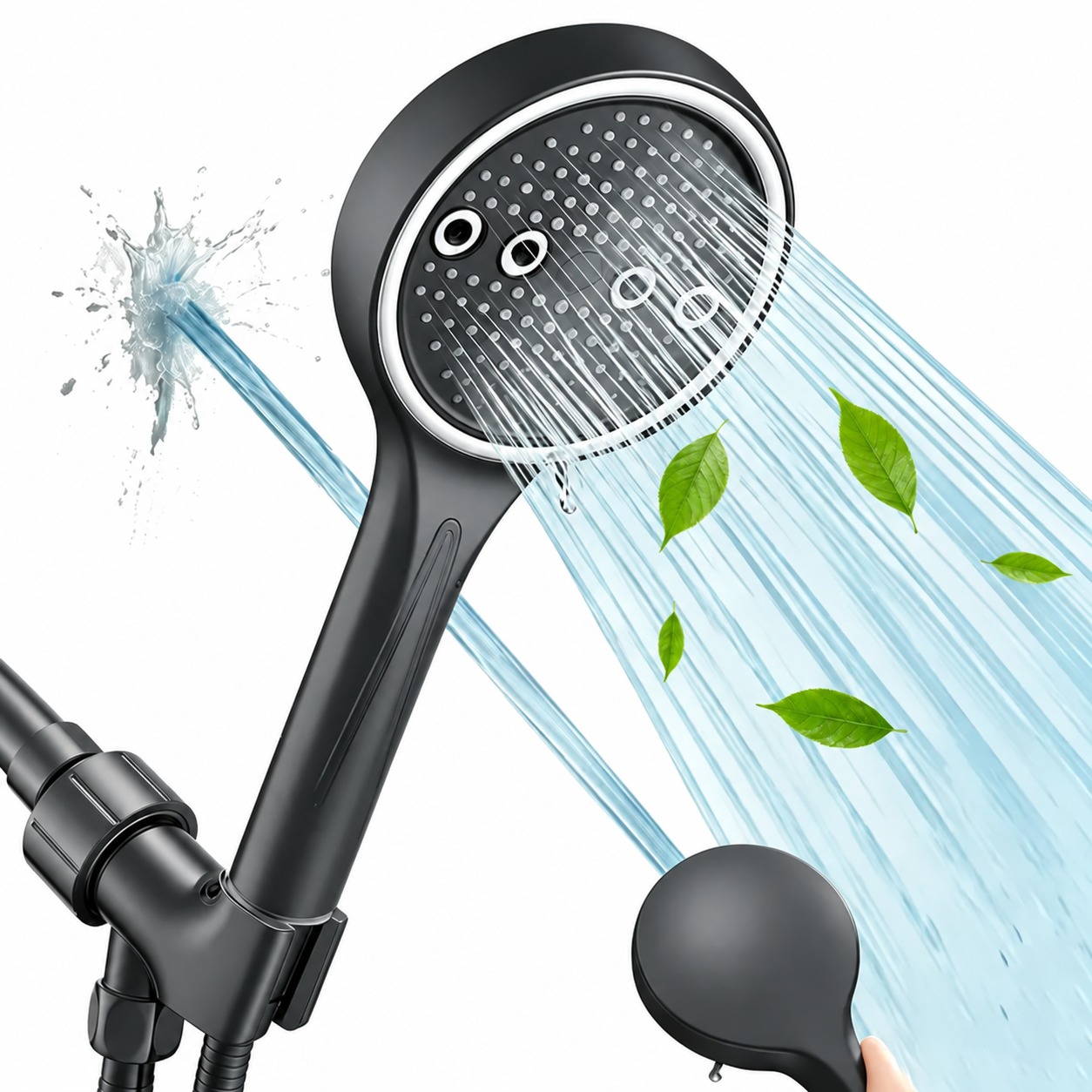 Handheld shower head spraying water, with the source logo removed