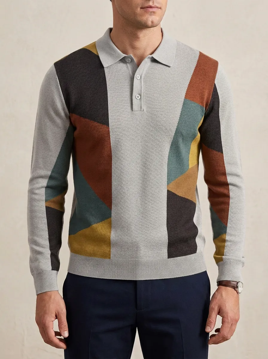 Men's Geometric Colorblock Pattern Printed Long Sleeve Polo Shirt Modern Pattern