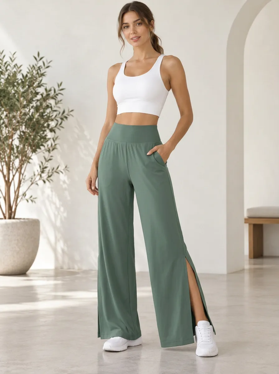 Women's Pocket Leisure Fit Wide Leg Split Hem Sport Pants