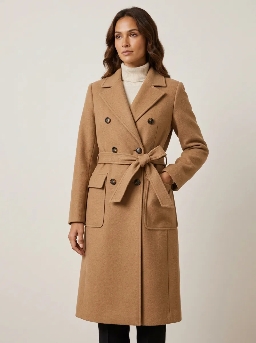 Women's Camel Double-Breasted Belted Wool Blend Trench Coat