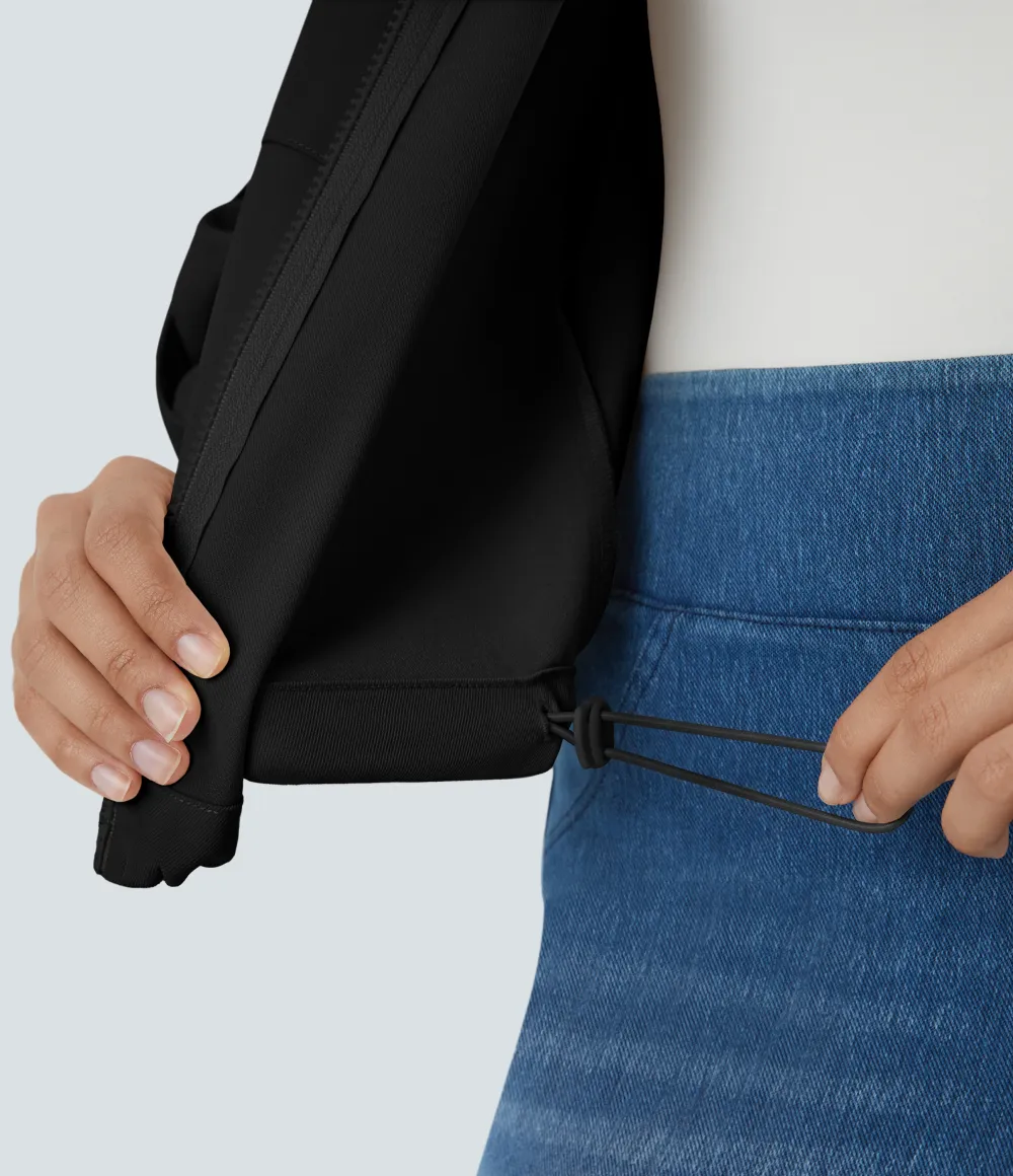 Stand Collar Roll Tab Sleeve Flap Pocket Inside Drawstring Hem Zip Casual Jacket