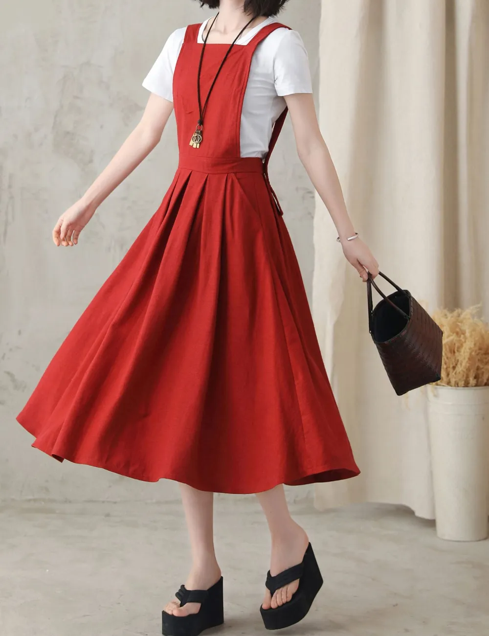 Linen Cotton Swing Pinafore Midi Dress