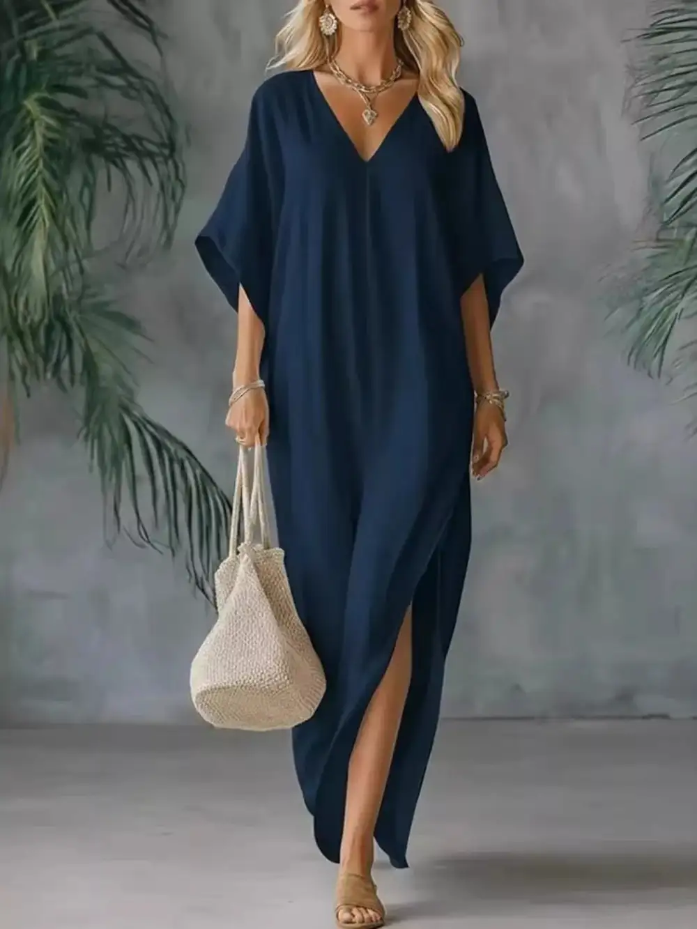 Full Size V Neck Maxi Dress With Side Slits Plus Size