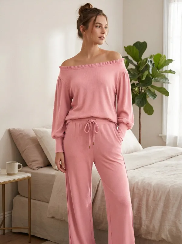 Women's Casual Lounge Off-Shoulder Ribbed Knit Pajama Set
