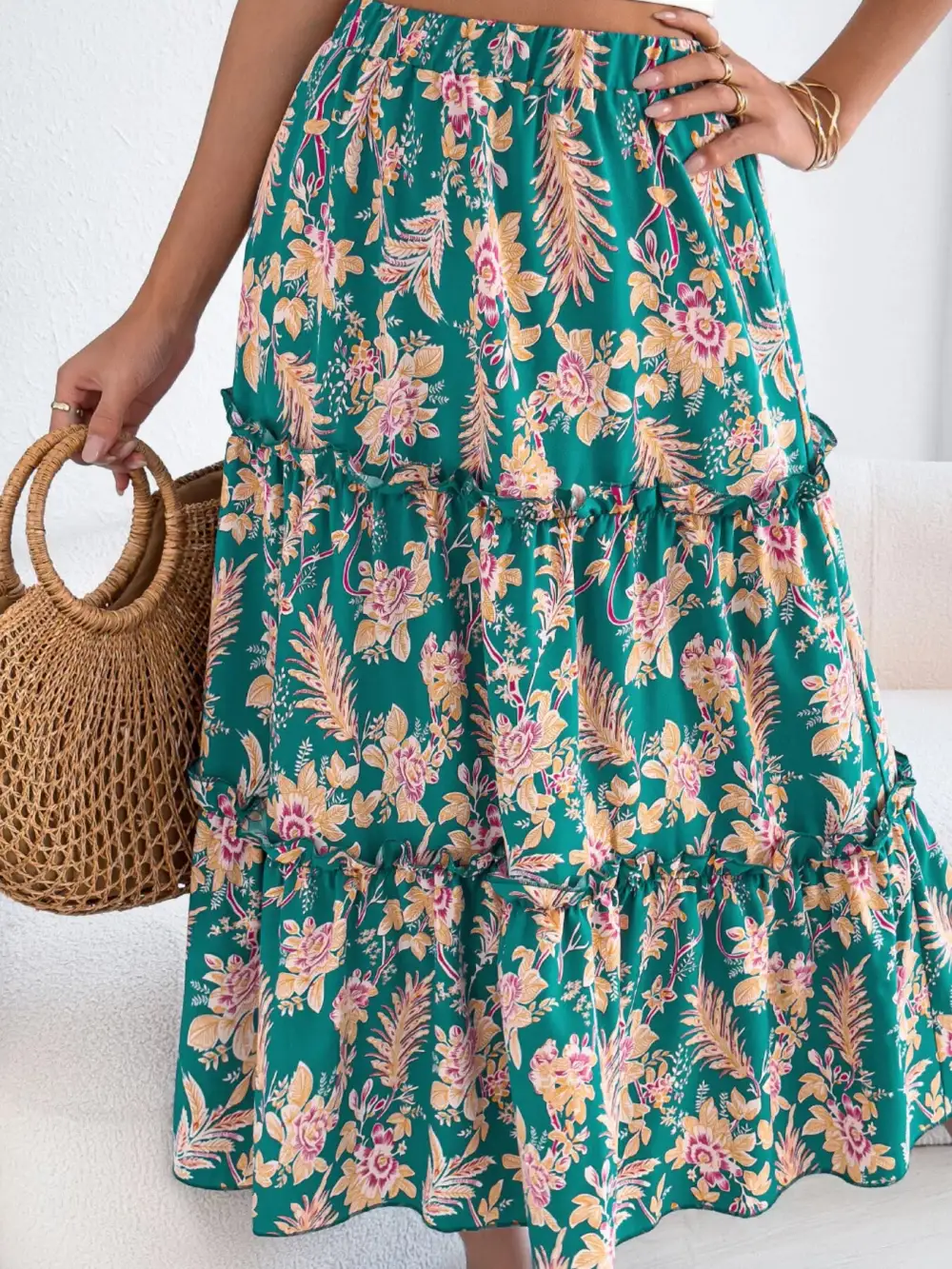 Print Ruffle Hem Flowy Midi Skirt