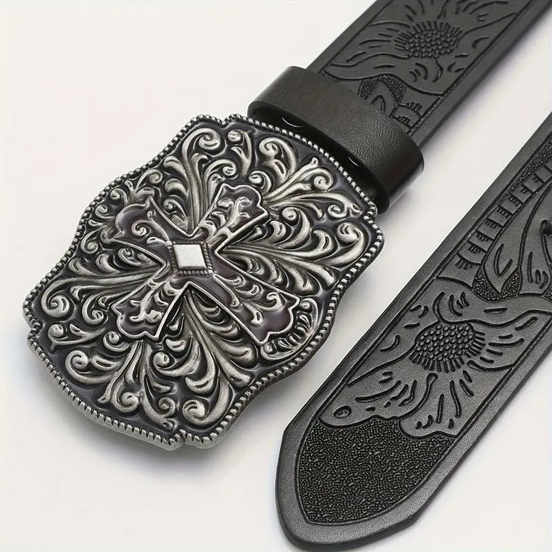 Vintage Gothic Cross Faux Leather Belt Intricate Floral Pattern Alloy Buckle