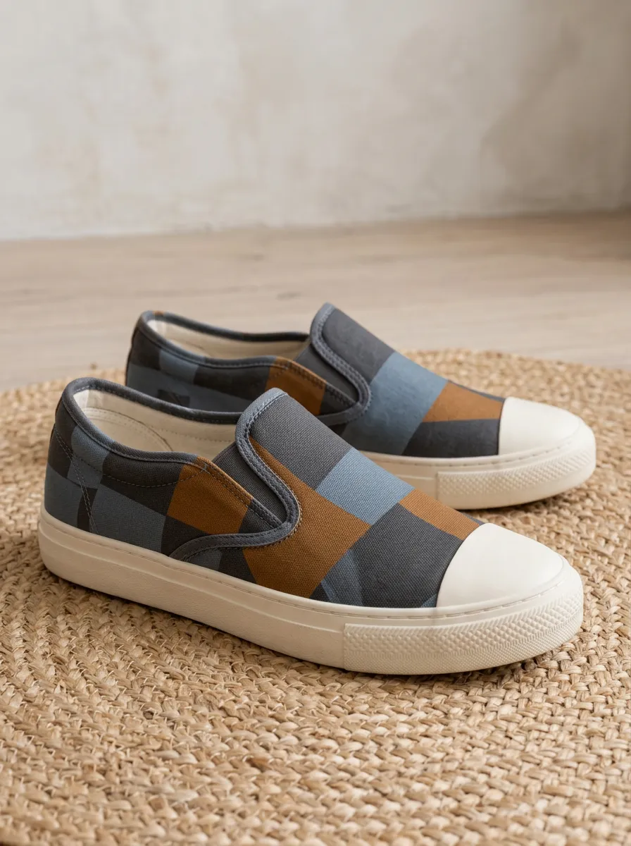 Men's Geometric Plaid Pattern Printed Canvas Slip-on Shoes