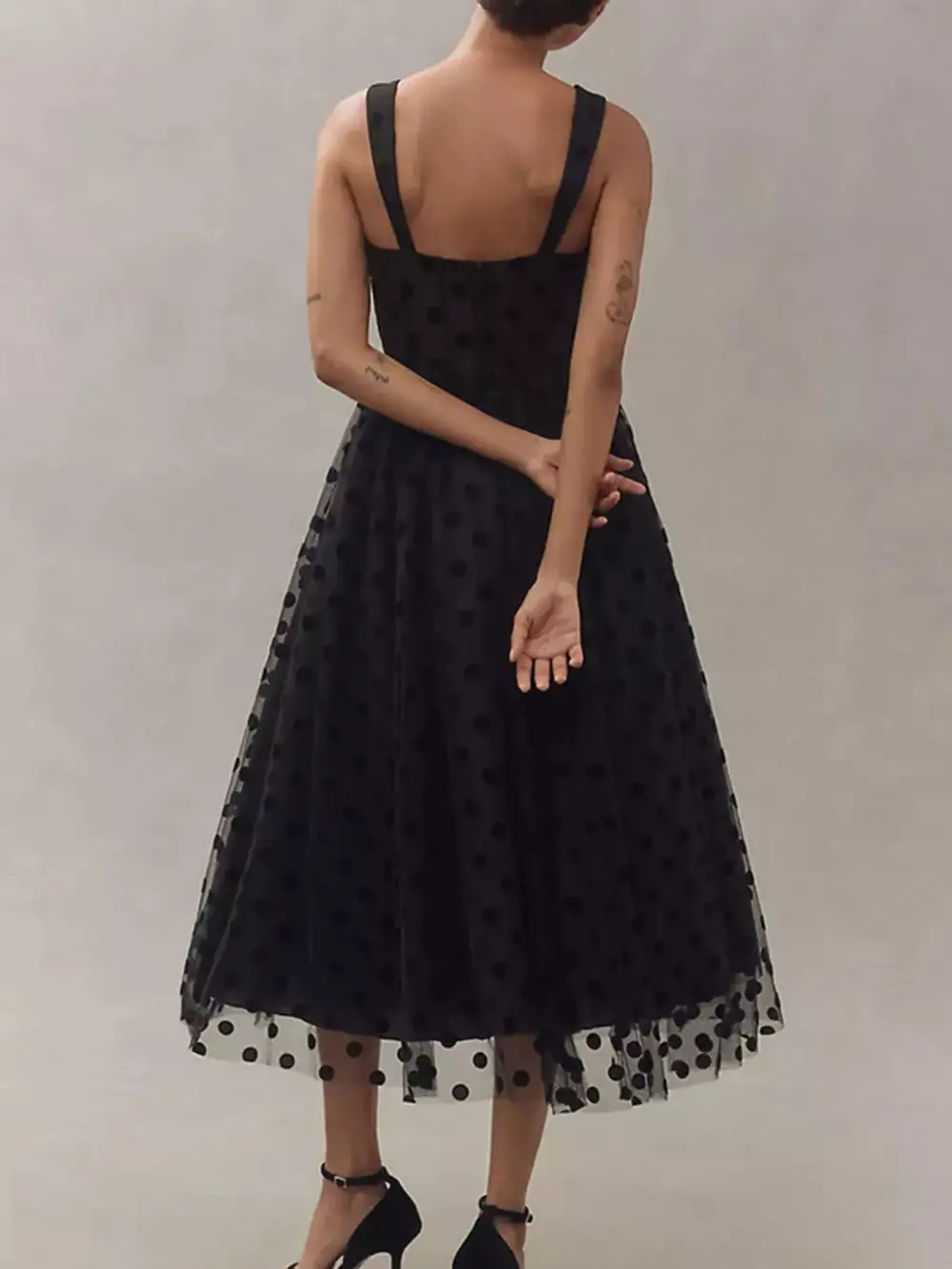 Polka Dot Tulle Sleeveless Midi Dress
